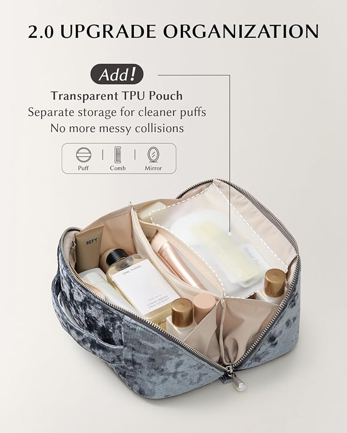 EACHY Travel Makeup Bag, Large Capacity Cosmetic Bag for Women, Waterproof PU Leather, Flat Open Portable Toiletry Bag for Skincare, Brushes & Travel Essentials