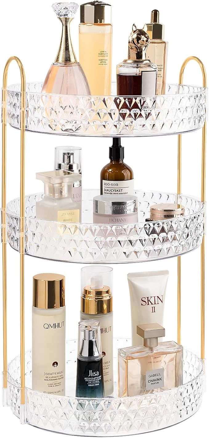 Rotating Makeup Organizer for Vanity, 3 Tier Perfume Skincare Storage for Women, Bathroom Counter Organizer, 360ÃÂ° Spinning Cosmetic Holder for Dresser Countertop, Clear