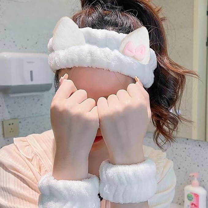 Cute Spa Headband and Wristband Set for Women Kawaii Ear White Makeup Headband for Washing Face (3PCS, White)