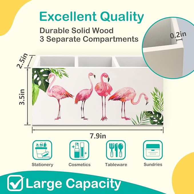 Tropical Pink Flamingo Wood Makeup Brush Toothbrush Holder Organizer for Vanity Bathroom,Pink Flamingo Gifts for Women,Girly Aesthetics Wooden Pen Pencil Holder for Desk Accessories