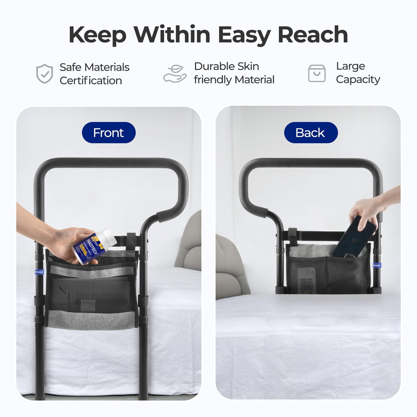 nimood C3 PRO Bed Rails for Seniors Elderly Adults Safety, Adjustable Heights Bed Cane Bed Assist Bar Elderly Assistance Products, with Motion Light- Easy to Get in or Out of Bed with Floor Suppor