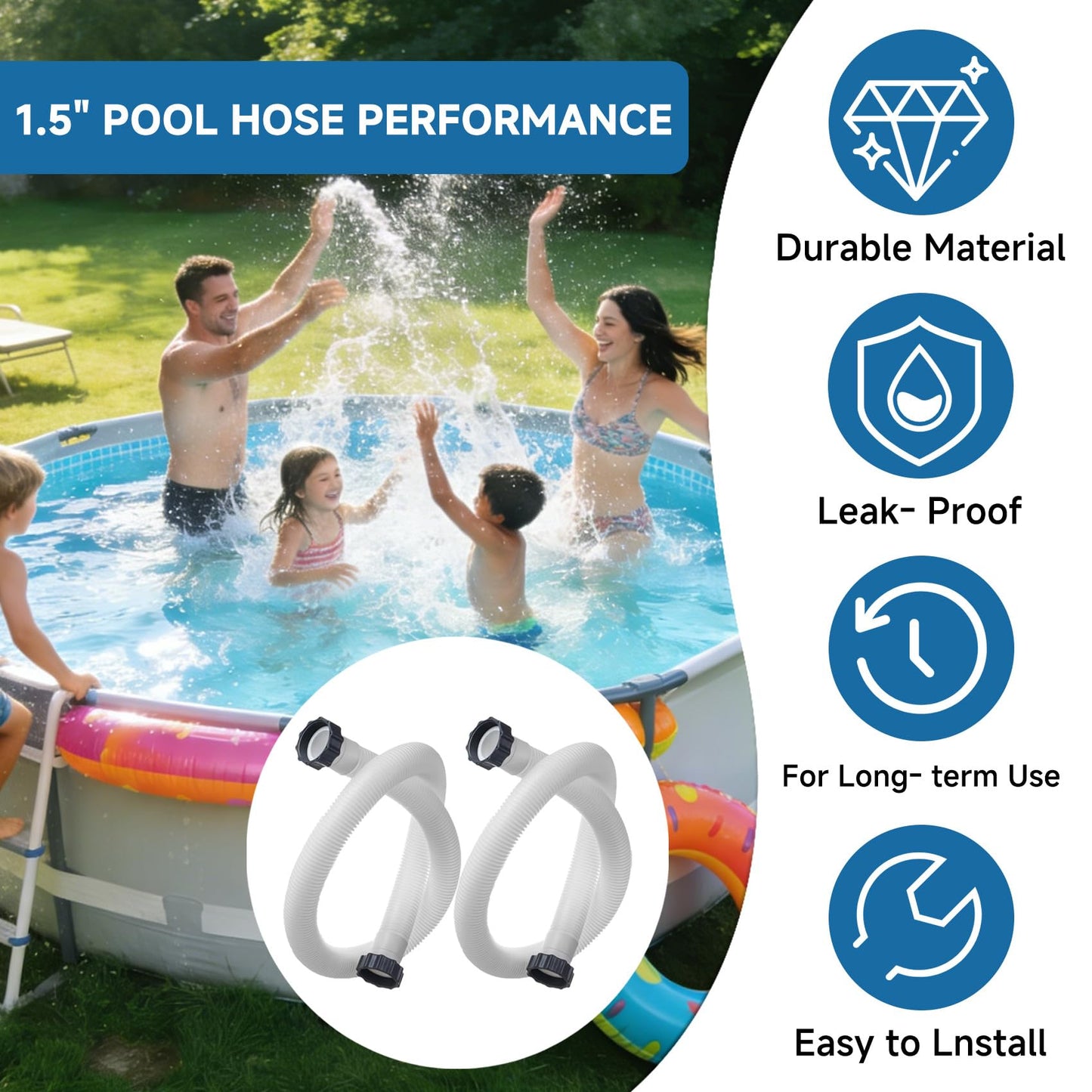 1.5 Inch Pool Hoses for Above Ground Pools, 1.5'' x 59" Sand Filter Hose Accessories, Pool Pump Hose Replacement Compatible with Intex Coleman Bestway Filters & Saltwater Systems, 2 Pack