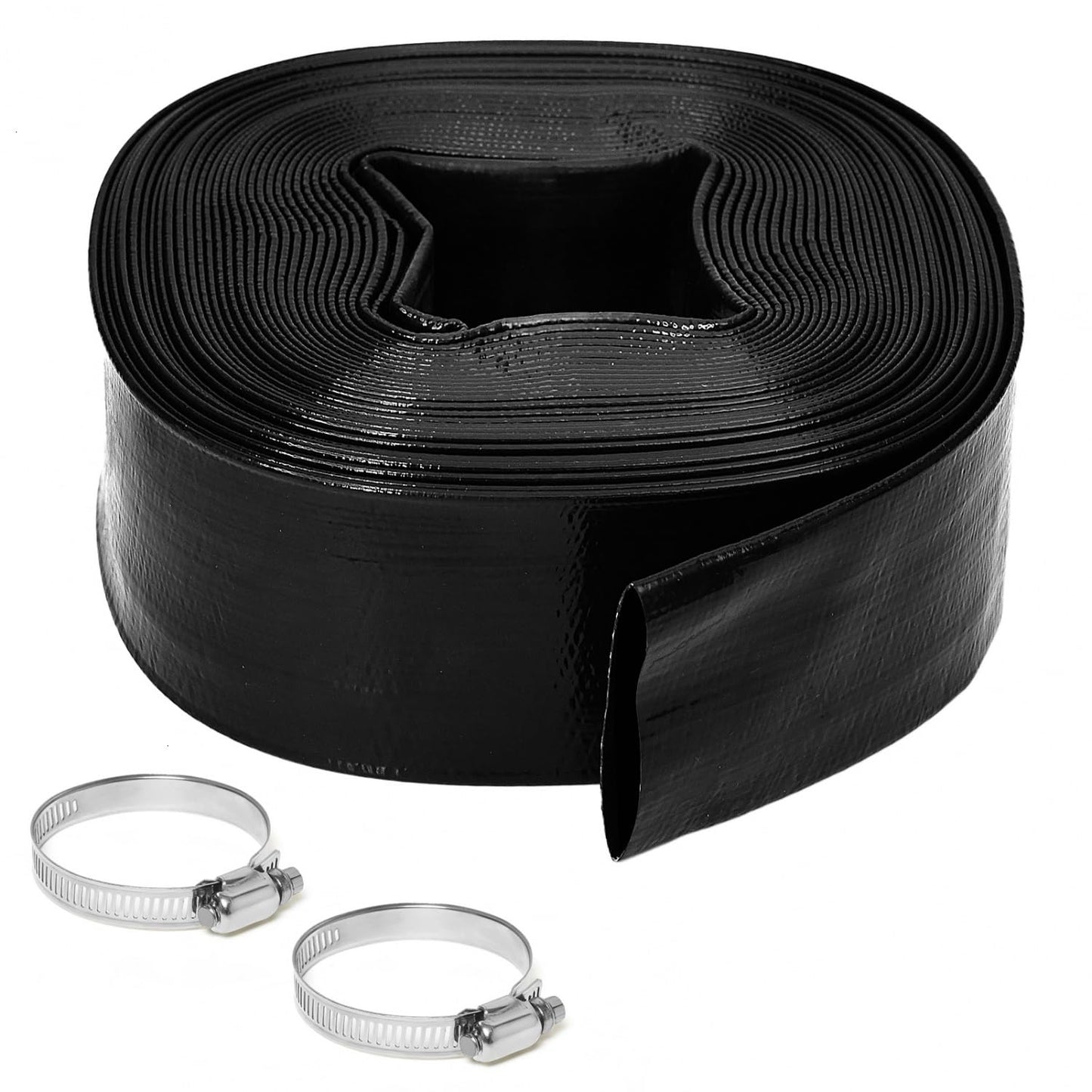 Gonioa 2 inches x 50 FT Heavy-Duty PVC Swimming Pool Backwash Hose, Reinforced Discharge Hose with Clamp for Swimming Pools, Black