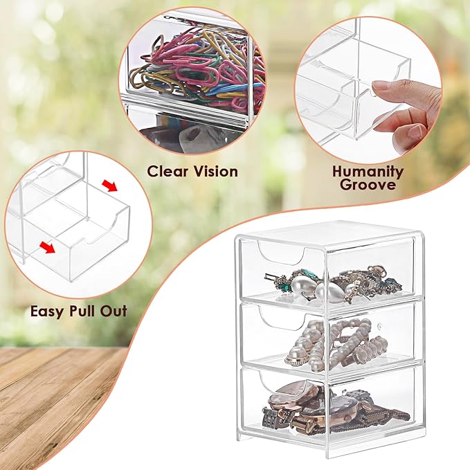 BTSKY 1 Pack Small Acrylic Storage Organizer with Drawers, 3-Layer Clear Desktop Organizer for Office Supplies Mini Storage Box with Drawers for Desk, Desktop Makeup Drawer Jewelry Storage Box
