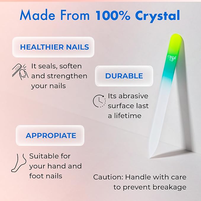 Starter Crystal Care Set - 3PC Includes Glass Foot Scraper, Medium Crystal File, and Cuticle Stick for Natural Nails, Glass File Kit