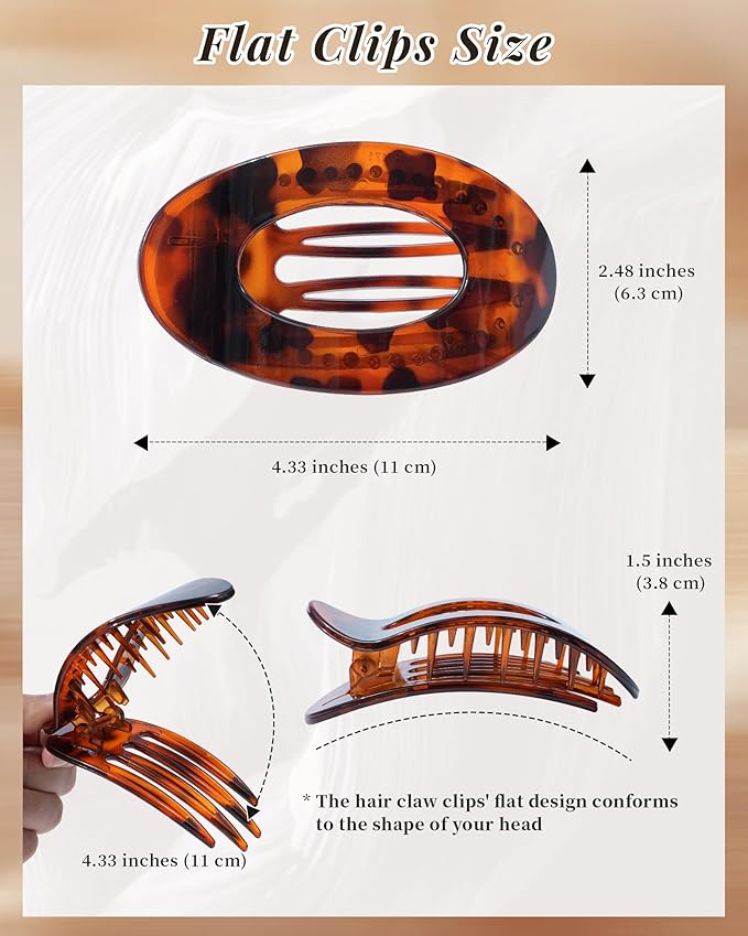 Mesovor 6 Pack Flat Hair Claw Clips, 4.33" Nonslip Large Round Lay Flat Hair Clips | Strong Hold French Flat Hairclips for Lying Down, Yoga, Driving (Tortoise Polished)