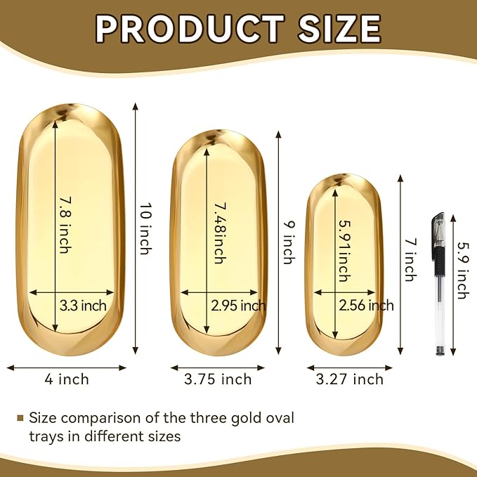 2PACK Gold Decorative Tray,Oval Stainless Steel Trays, Decorative Tray for Jewelry Dish Cosmetics Organizer Bathroom Clutter Serving Platter (Gold, 9 in)