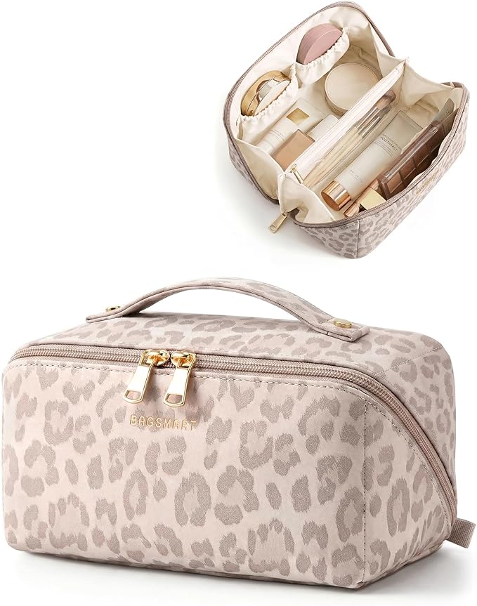 BAGSMART Makeup Bag Travel Cosmetic Bag, Large Make Up Bag Flat Open Toiletry Bag for Women, PU Leather Travel Essentials Organizer Case, Wide-open Pouch Purse for Skincare, Brushes, Pink Leopard