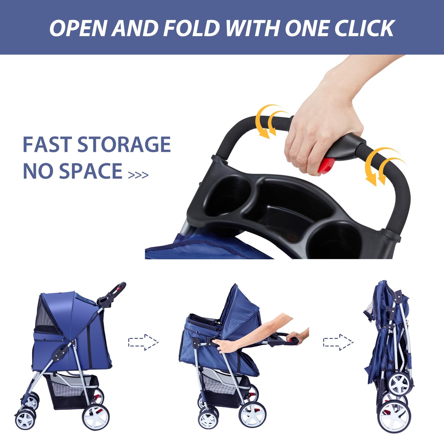 Unisakey 4 Wheels Pet Stroller for Small Medium Dogs Cats 10-33 lbs, Foldable Dog and Cat Stroller with Cup Holder & Storage Basket & Breathable Mesh, Pet Strolling Cart for All-Season, Navy Blue