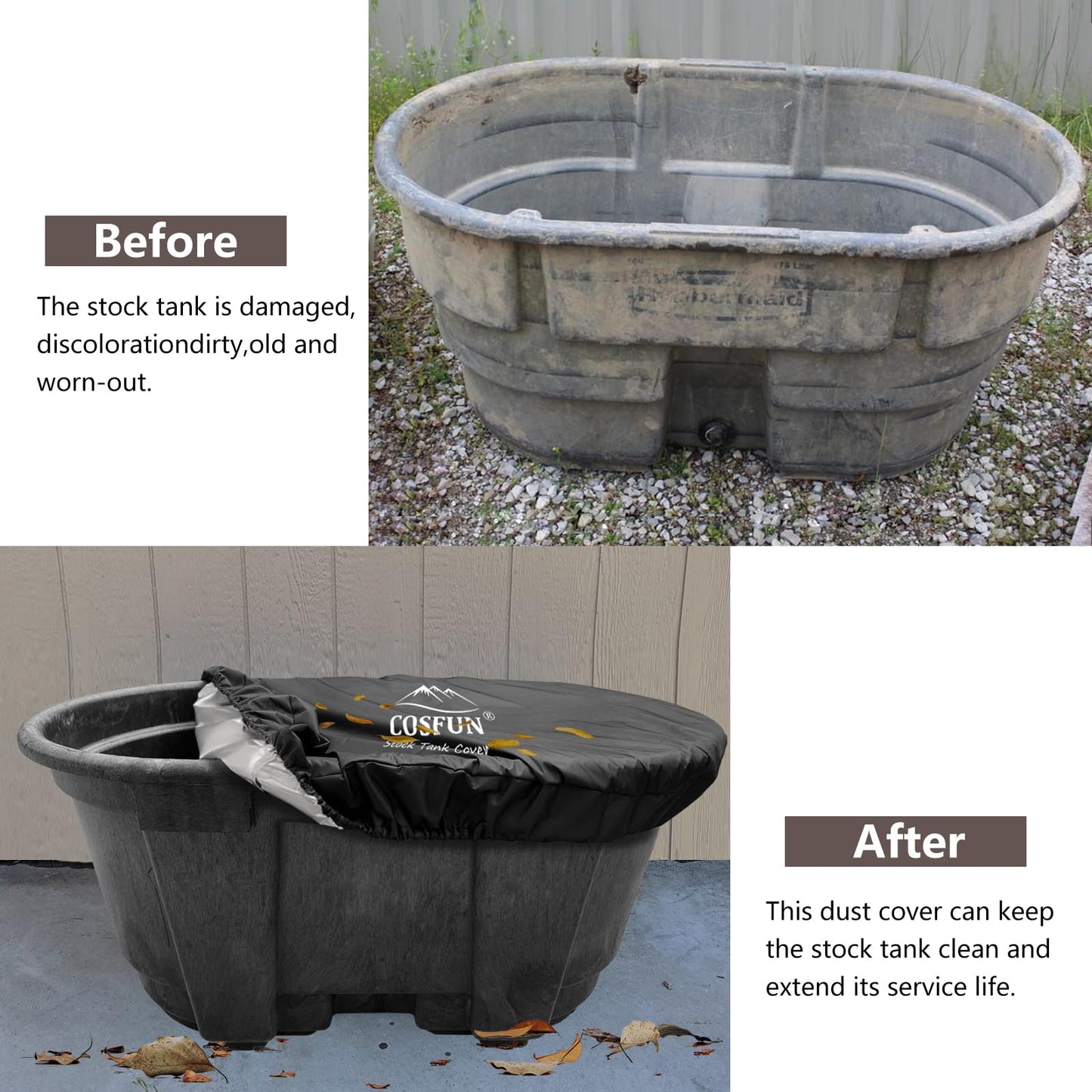 COSFUN 100 Gallon Oval Stock Tank Cover,Waterproof Dust Proof Anti-UV Ice Bath Cover,Keep Water Trough Clean(Elastic Bottom,Black)