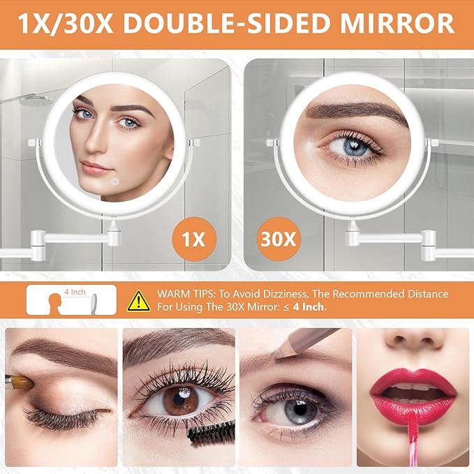 Auxmir 1X/30X Wall Mounted Makeup Mirror with Light, 8" Rechargeable Double-Sided Magnifying Mirror, Vanity Mirror Dimmable 3 Color Light, 360° Extension Rotation Foldable 14.5 Inch Arm, White