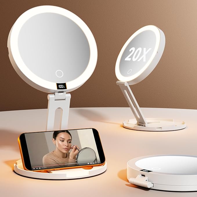Travel Makeup Mirror with Lights (Gen 3) - 20X/1X Dual Sided Magnifying Mirror with Digital Power Display - Rechargeable, 3 Color Dimmable, CRI 95+ - Portable Folding Design