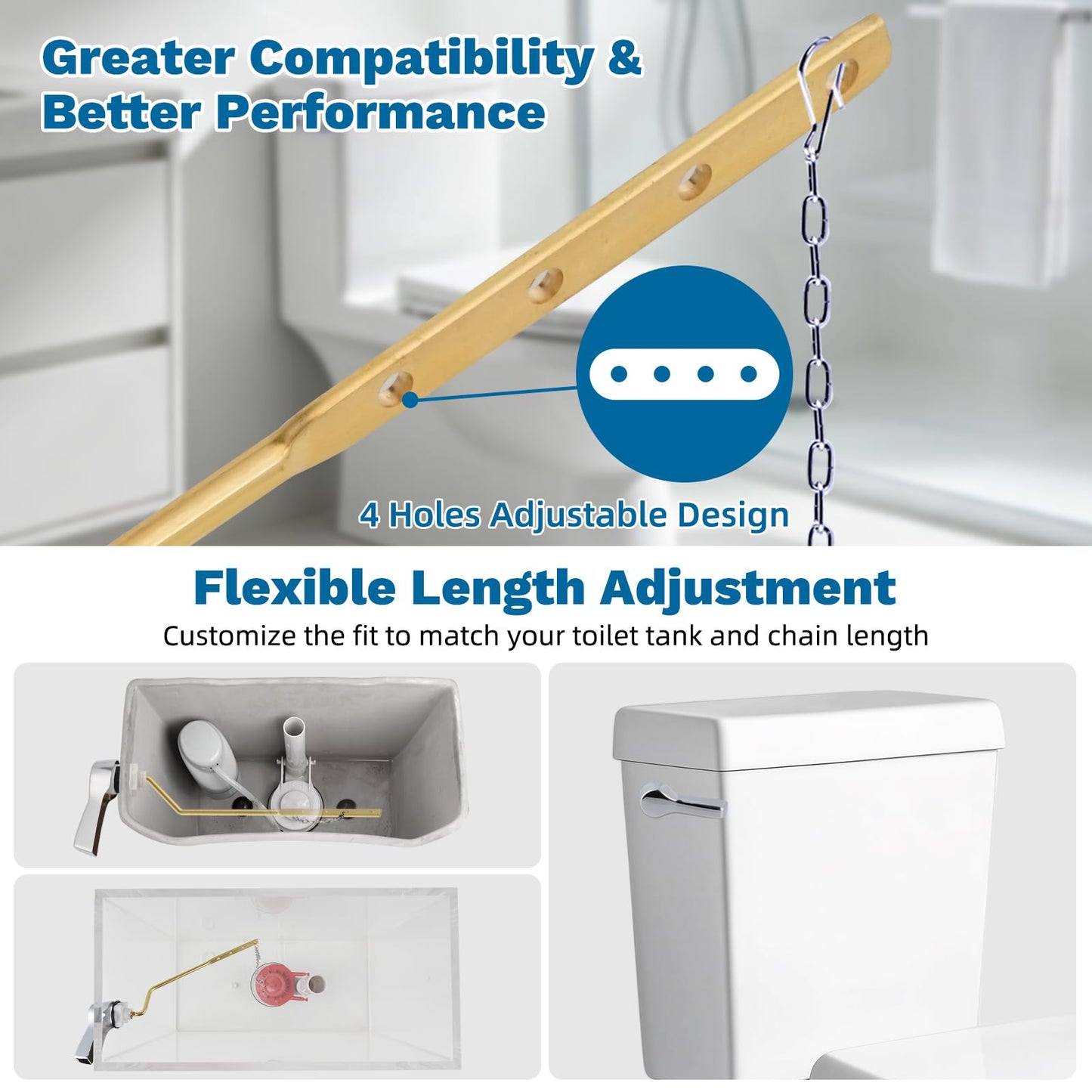 Hibbent 2 Pack Universal Metal Side Mount Toilet Handle with Stainless Steel Flapper Chains, Brass Toilet Flush Lever Replacement Kit with 4 Adjustable Holes for Most Side-Mount Toilets, Chrome Finish