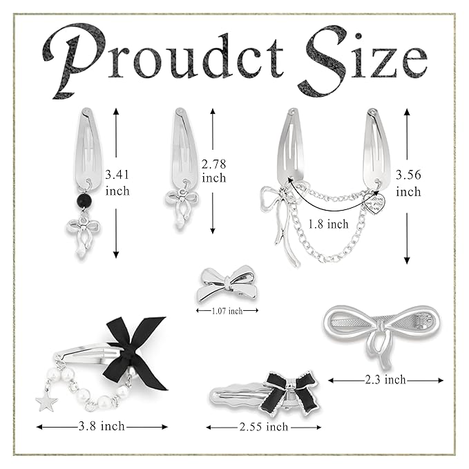 10PCS Silver Hair Clips Black Bow Hair Clips Alloy Y2K Hair Accessories Coquette Hair Bows for Women Girls
