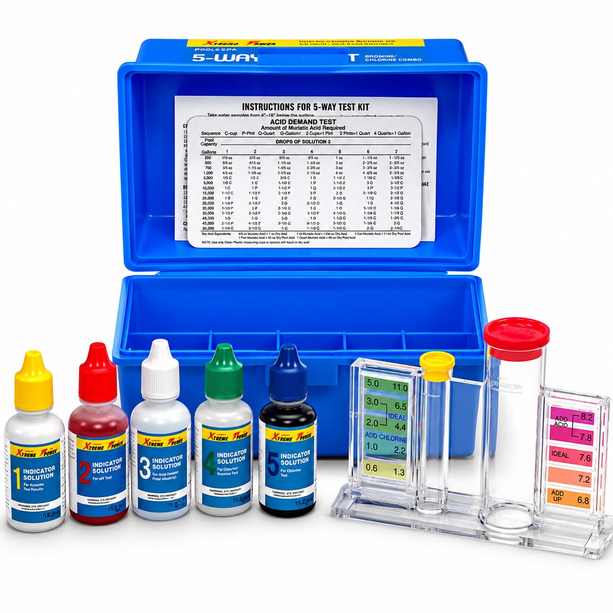 XtremepowerUS 5-Way Swimming Pool Test Kit pH, Chlorine, Bromine, Alkalinity Chemistry Testing with Case Spa, Inground Above Ground Pool Residential