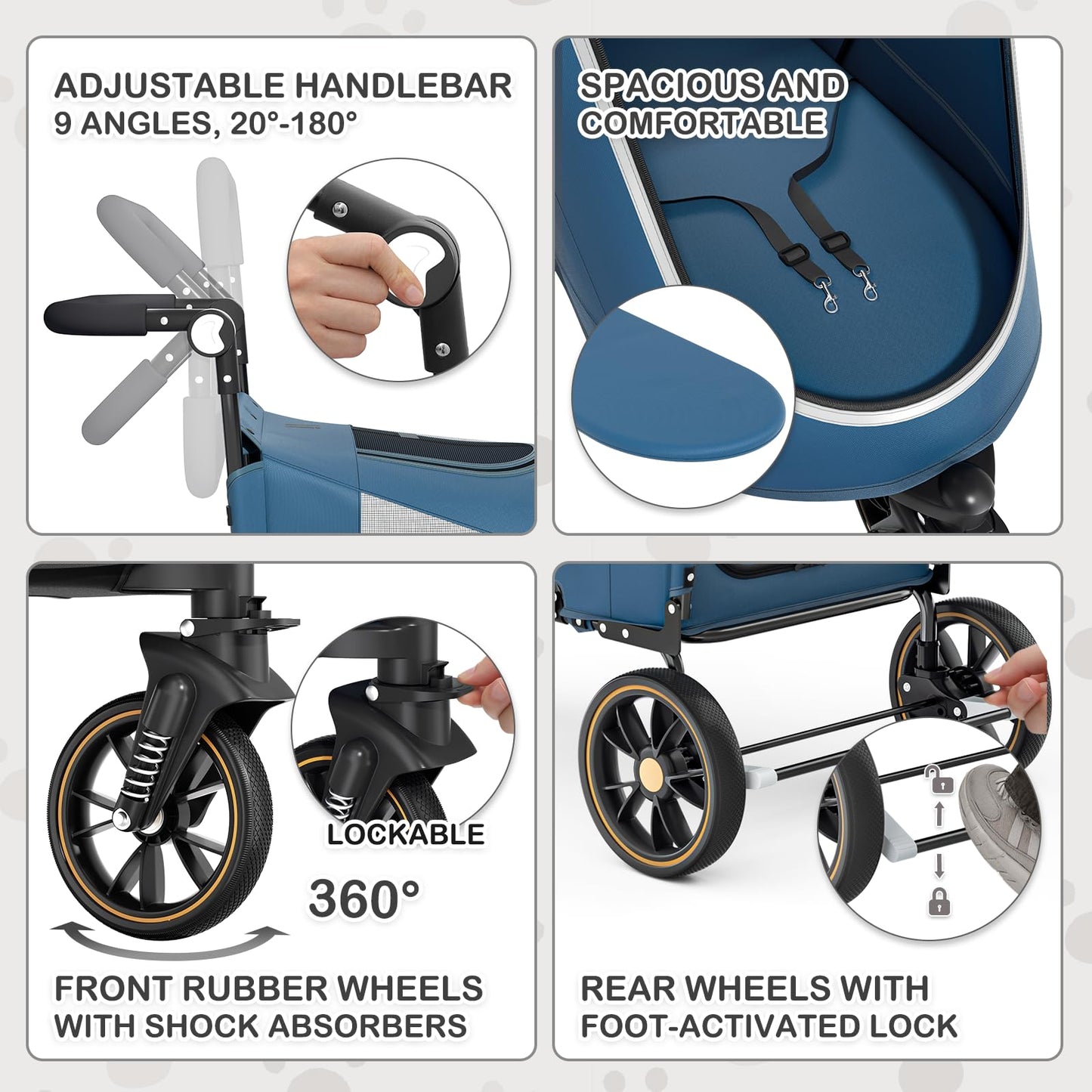 MoNiBloom Pet Stroller for Large Dogs or Multiple Dogs Cats with Adjustable Handle, 3-Wheels Dual Entry Portable Dog Carting Easy Folding Pet Wagon Double Dog Stroller up to 55 lbs, Navy Blue