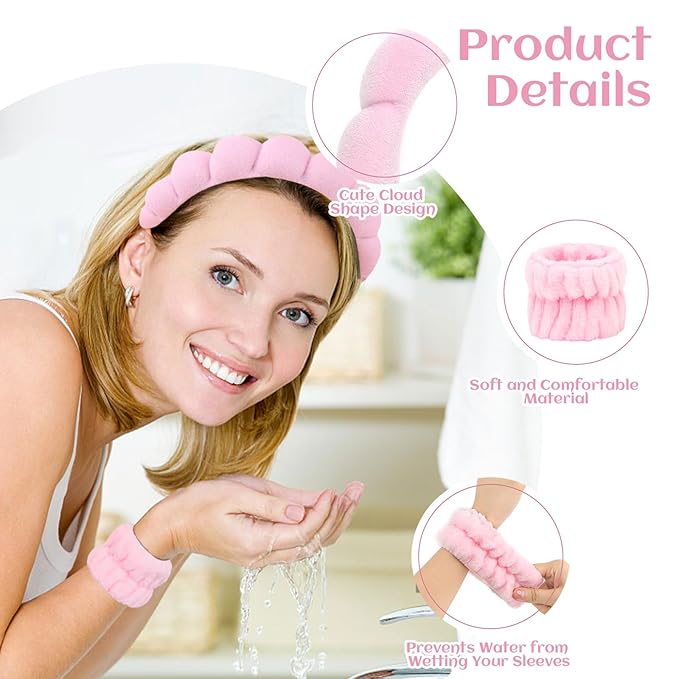 6 Pcs Puffy Terry Cloth Headbands and Wristbands for Skincare, Shower, and Makeup Removal