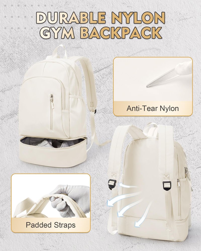 VENATIN Gym Backpack for Women Men, Lightweight Gym Bag with Shoe Compartment, Waterproof Sports Backpack with Wet Pocket for Yoga Fitness Sports, Beige