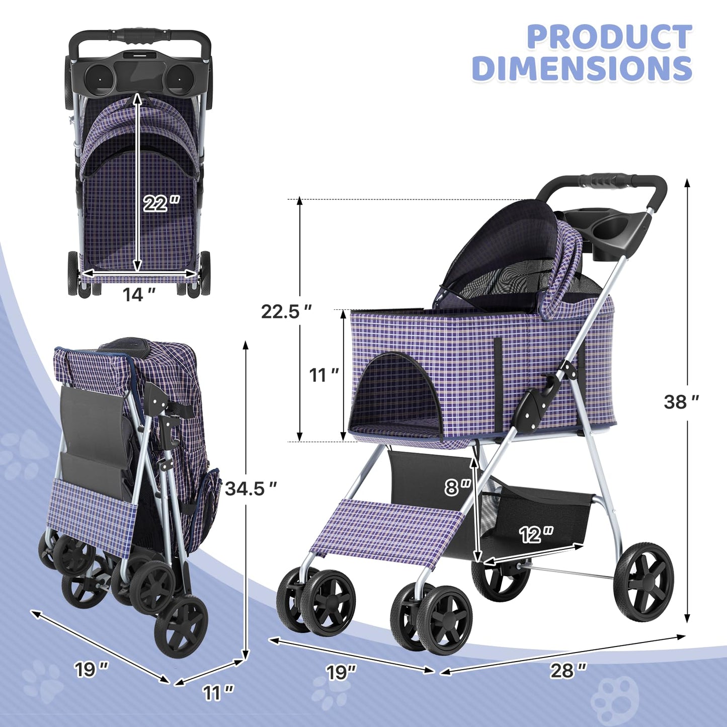 Magshion Foldable Pet Stroller, 3-in-1 Dog Travel Jogger with Detachable Carrier, Cup Holder, Storage Basket, Folding Carrier for Small/Medium Dogs & Cats Up to 33 lbs, Plaid
