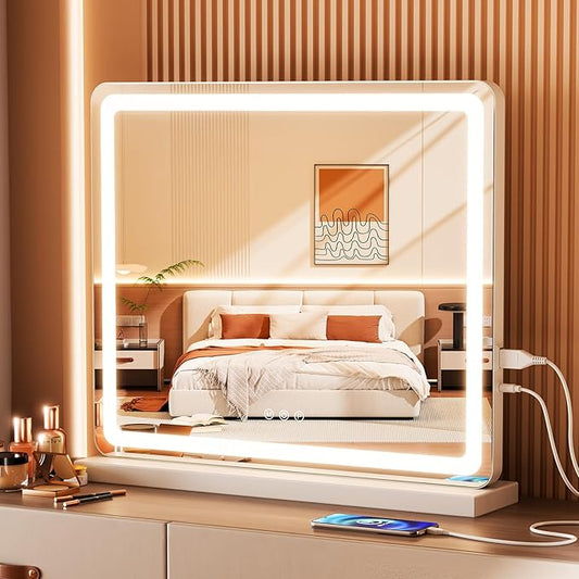DUMOS 19"x22" LED Vanity Mirror with Lights, Dimmable 3 Color Modes Makeup Mirror with Memory Function, USB Charging, Aluminum Frame, Lighted Mirror for Desk or Bedroom