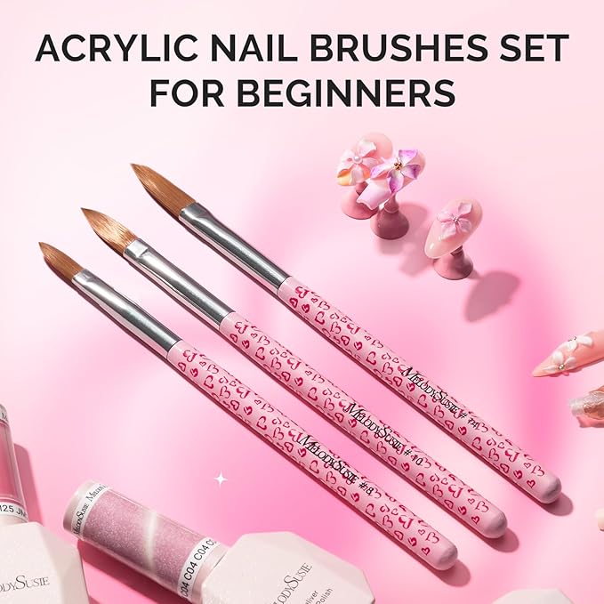 MelodySusie 3-Piece Acrylic Nail Brush Set - Sizes 8/10/14, Professional Nail Art Tool for Acrylic Application, Powder, Extension & 3D Carving - Pink