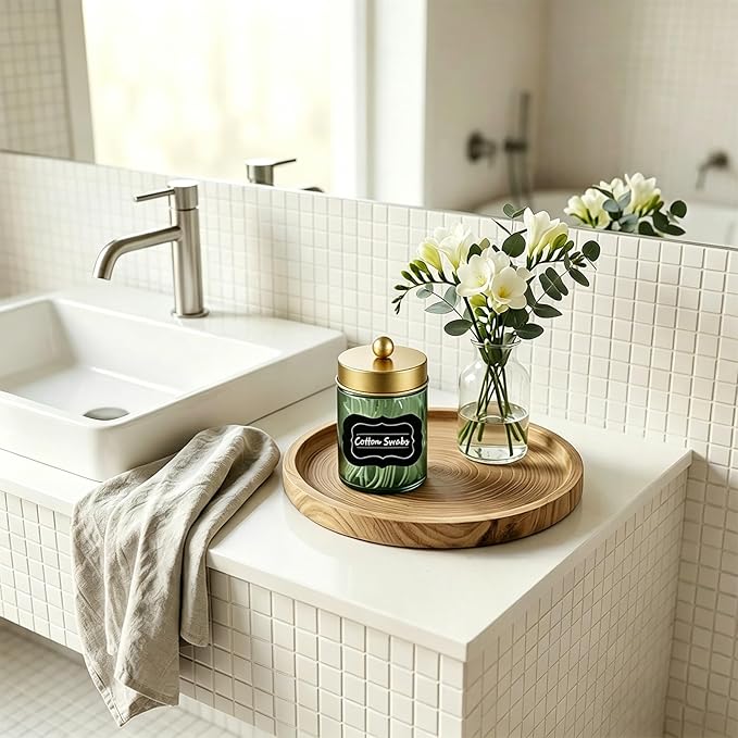Amolliar 4 Pack Apothecary Jars Bathroom Vanity Storage Organizer Set -Countertop Canister with Stainless Steel Lids &Stickers Qtip Dispenser Holder for Cotton Swab (Green-golden Lid)