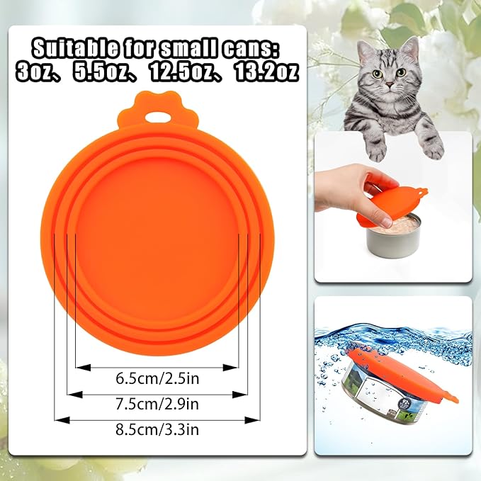 PINE & LINEN 4 Pcs Durable Pet Can Lids,One fit 3 Standard Size Silicone Waterproof Cat Food Cans Lids for 3oz/5.5oz/12.5oz/13.2oz Cat Food Cans（Orange）