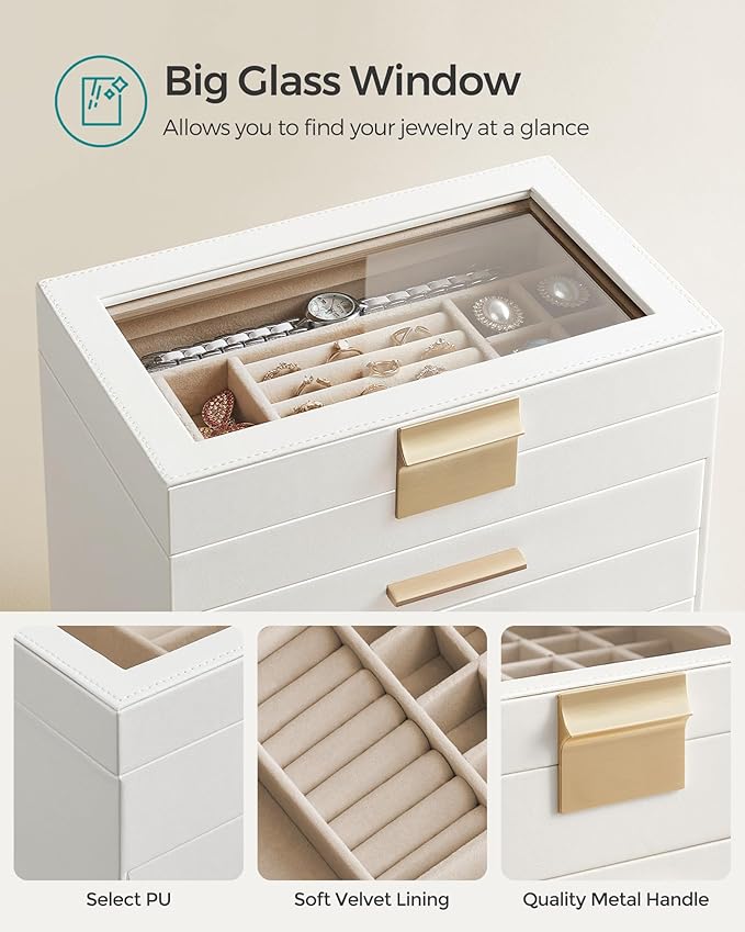 SONGMICS GISELLA Collection - Jewelry Box Organizer, 6-Layer Jewelry Storage with 5 Drawers, Shiny Metal Hardware, Glass Lid, Modern, 6.4 x 9.9 x 11.4 Inches, Cloud White and Gold Color UJBC171W01