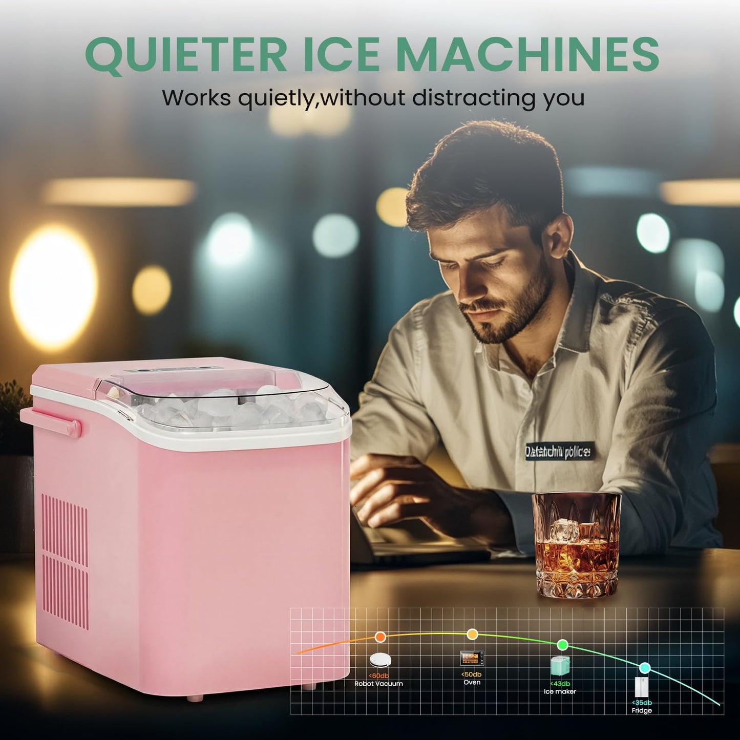 KMFurnila Ice Makers Countertop, Portable Ice Machine with Handle, 6 Mins 9 Bullet Ice Cubes with Basket and Scoop, 26lbs in 24Hrs, Auto-Cleaning, for Home, Kitchen, RV, Camping, Pink