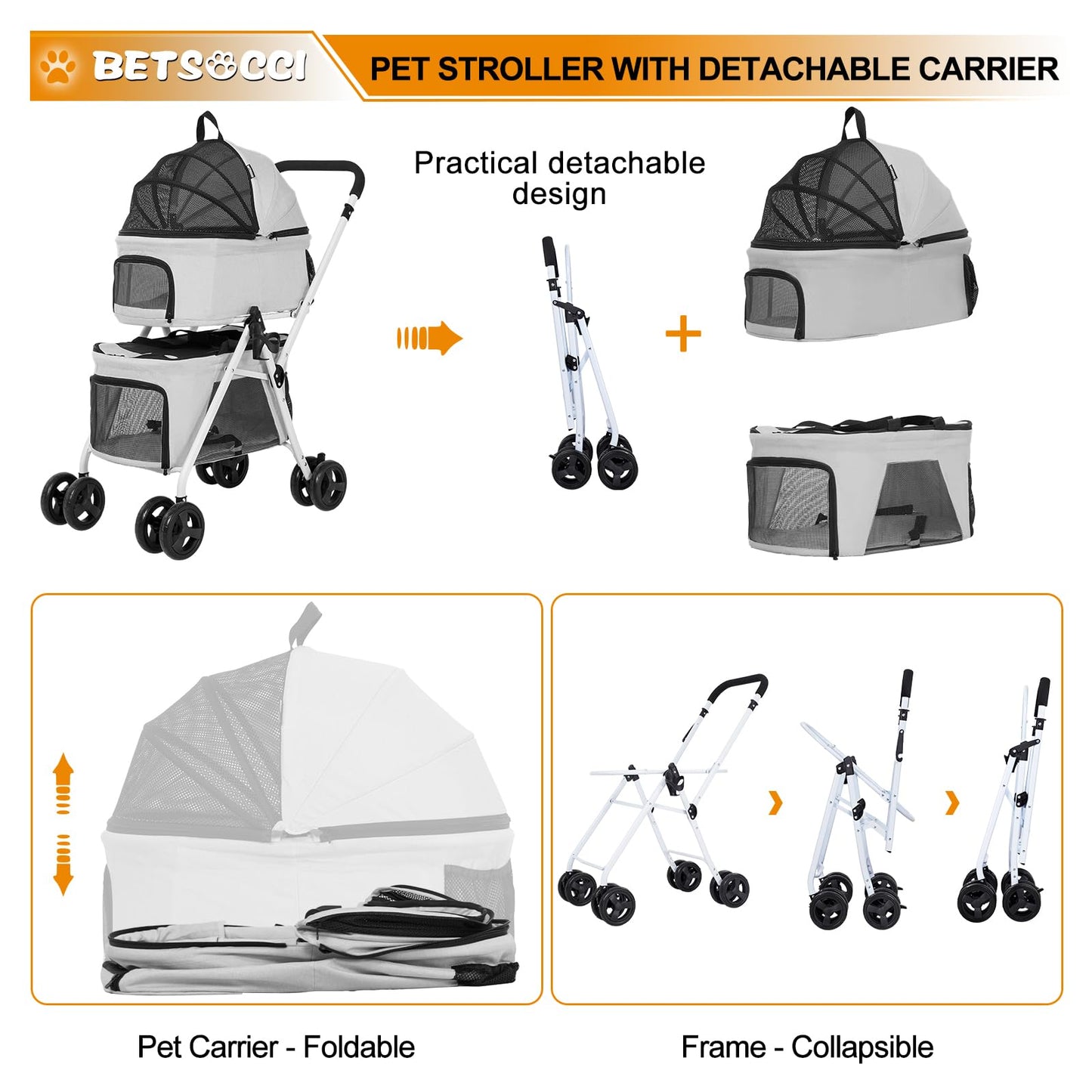 BETSOCCI Double Dog Stroller with 2 Detachable Carrier, Portable Pet Stroller for Small Dogs & Cats Folding Lightweight Puppy Travel Carriage, 4 Wheels, Grey