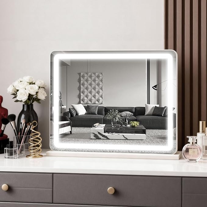 ROLOVE 23x18 Inch Vanity Mirror with Lights, 3-Color Modes, Dimmable LED Mirror with Touch Control - Large Makeup Mirror for Dressing Room (Wall/Tabletop Mount)