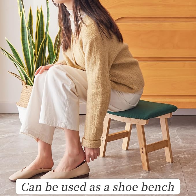 Kitsanery Foot Stool,Ottoman,Bamboo Small Sofa Foot Rest Under Desk,Extra Seating for Living Room, Bedroom and Kitchen (Natural Stool Legs - Green Surface)