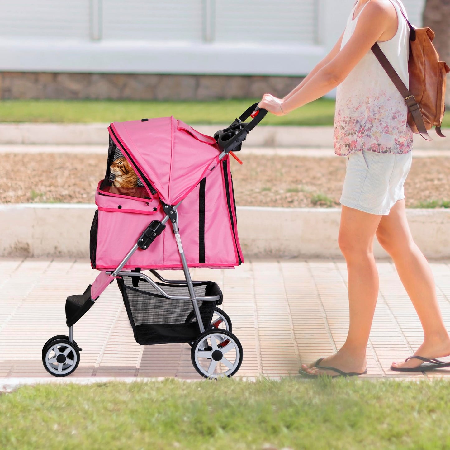 Foldable Pet Stroller for Cats and Dogs 3 Wheels Carrier Strolling Cart with Weather Cover, Storage Basket + Cup Holder (Pink)