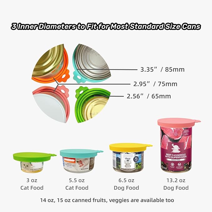 MoPawKT- Silicone Cat/Dog Food Can Covers Lids, Universal 3 Sizes Fit for 3oz, 5.5oz, 6.5oz, 13oz, 13.2oz Pet Food Cans, BPA Free, Reusable (box of 3 lids+1 scoop in Grey)
