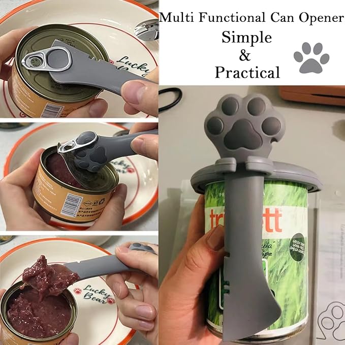 SJANE 4 Pcs Cat Food Can Spoon & Can Covers | Cute Paw Silicone Pet Food Can Opener Spatula & Can Lids | Stainless Steel Wet Food Spoon for Cats and Dogs(Grey)