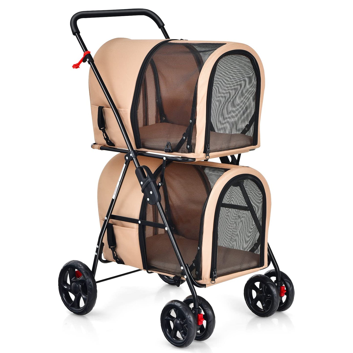 Giantex Double Pet Stroller with 2 Detachable Carrier Bags, Safety Belt, 4 Lockable Wheels, Folding Cat & Dog Stroller for Small Medium Pets, Cats Dogs Puppy Travel Strolling Cart (Beige)