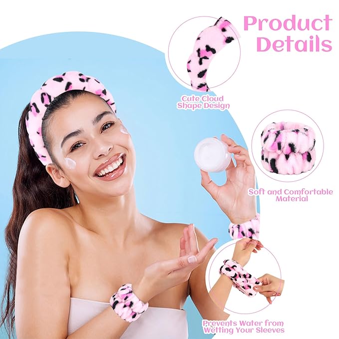6 Pcs Terry Cloth Headbands and Wristbands - Sponge Puffy Headband for Skincare, Makeup Removal, and Shower