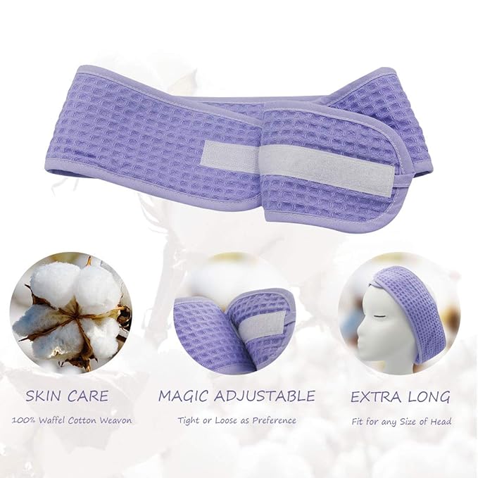 (3 Pack Adjustable Makeup Headband with Magic Tape Natural Terry Waffle Sweat-Absorbent Spa Shower Wrap Yoga Sports Hairband (Purple))