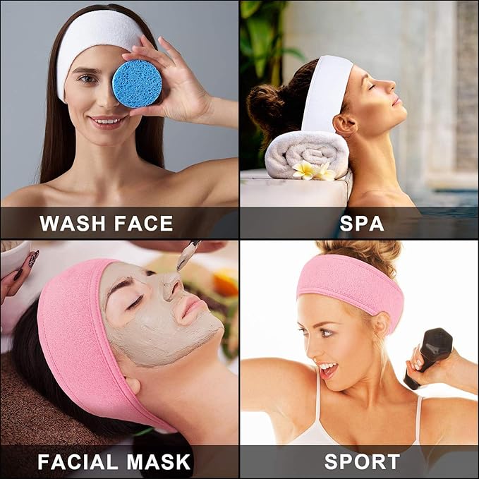 Whaline Spa Facial Headband Make Up Wrap Head Terry Cloth Headband Adjustable Towel Band for Face Washing Shower Facial Cover, 3 Pieces (White, Pink, Rose Red)