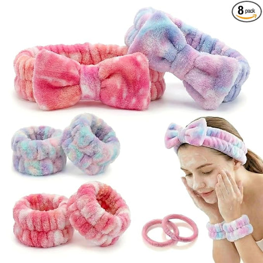8 Pcs Spa Headband and Wristbands Set for Washing Face, Soft Face Wash Headbands Wrist Bands for Women with Scrunchies, Absorbent Wrist Towels, Makeup Hairband for Skincare, Yoga, and Teen Girls Gifts
