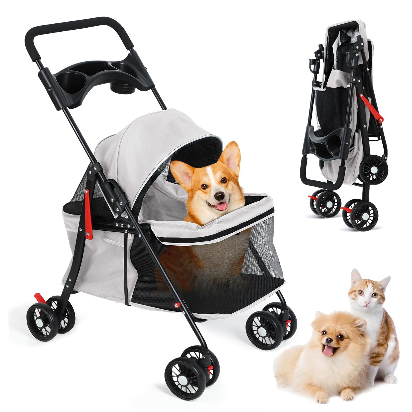 sxvbdway 4 Wheels Pet Stroller for Medium Small Dog up to 50lbs, Dog Cat Stroller, Outdoor Travel Pet Folding Strollers, Cat Cage Strollers with Cup Holder, Breathable and Visible Mesh (1 Set-Grey)