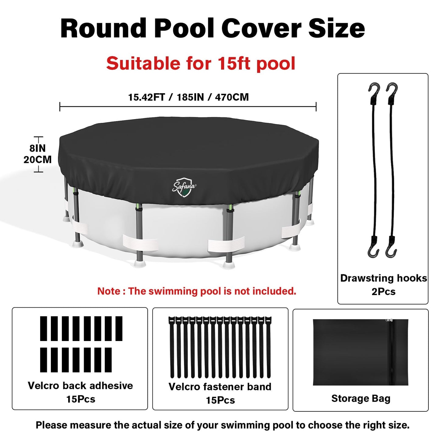 SAFANA 15FT Round Pool Covers for Above Ground Pools, Upgrade 420D Durable 15 foot Swimming Pool Cover Protective Leaf Cover with Reflective Strip Superior Windproof Tear Resistant UV Resistance Black