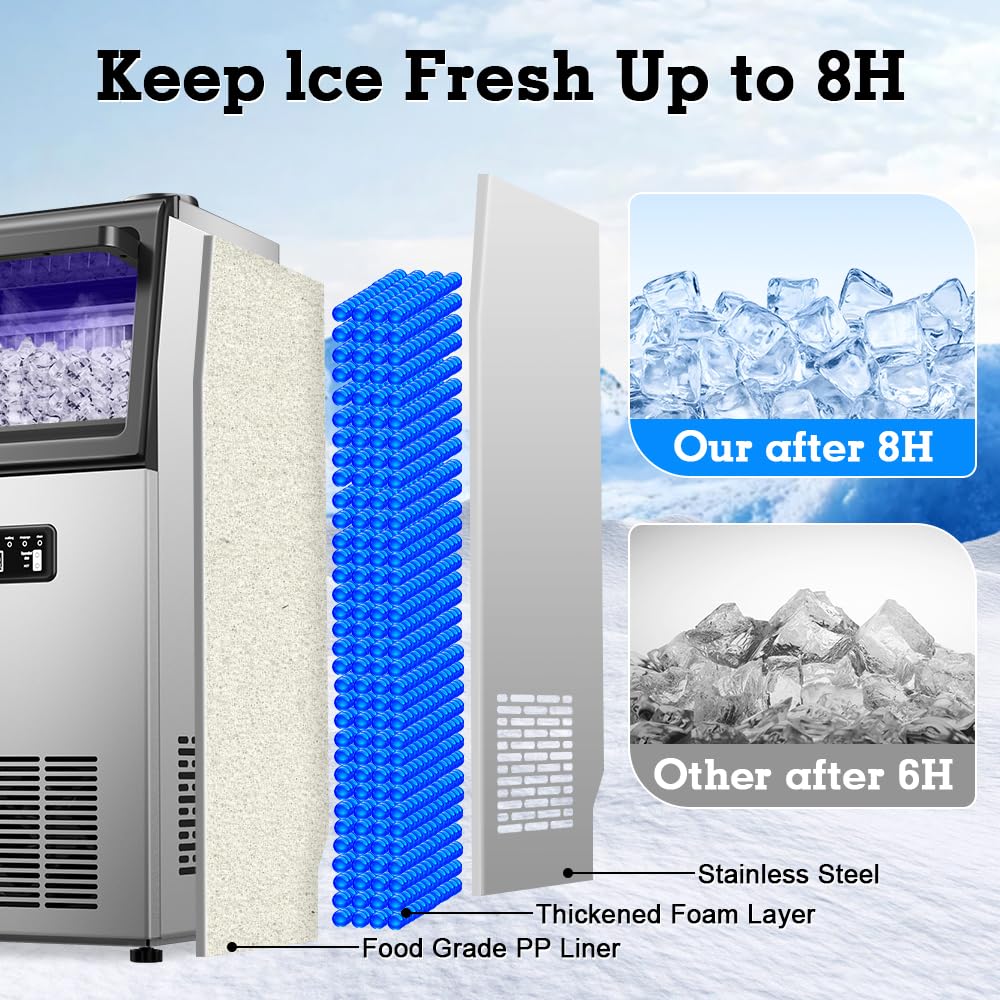 Bibrsa Commercial Ice Maker 120LBS/24H, Dual Water Inlet, Under Counter Ice Maker with 22LBS Storage Capacity, 45 Cubes, Stainless Steel Ice Machine, for School, Home, Restaurant, Bar, RV