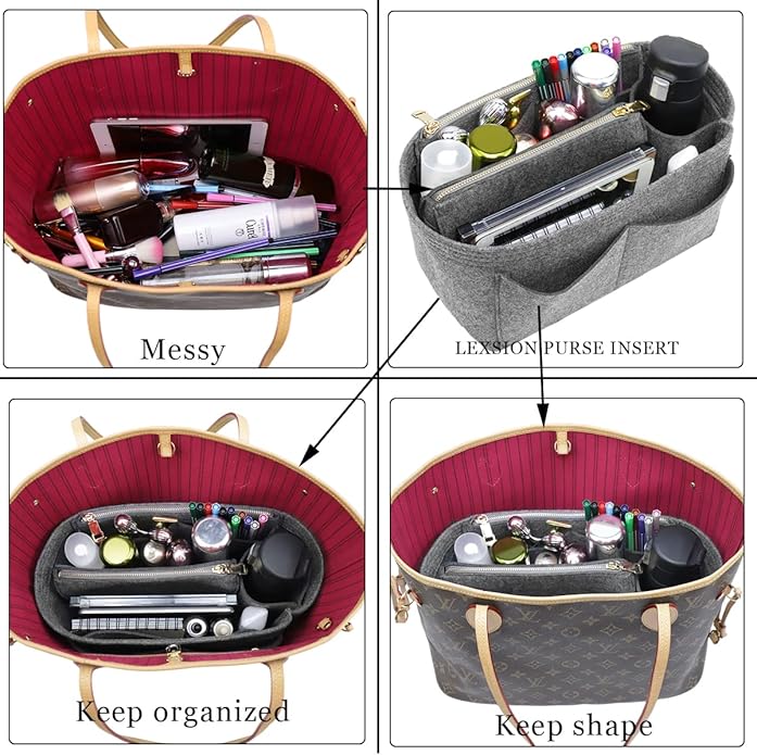 LEXSION Felt Purse Bag Organizer Insert with zipper Bag Tote Shaper Fit Speedy Neverful PM MM