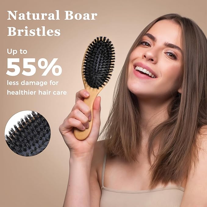 BLACK EGG Boar Bristle Hair Brush for Women Men Kid, Soft Natural Bristles Brush for Thin and Fine Hair, Restore Shine and Texture, Set includes Bamboo comb and 3 hair ties, Valentine’s Day Gift
