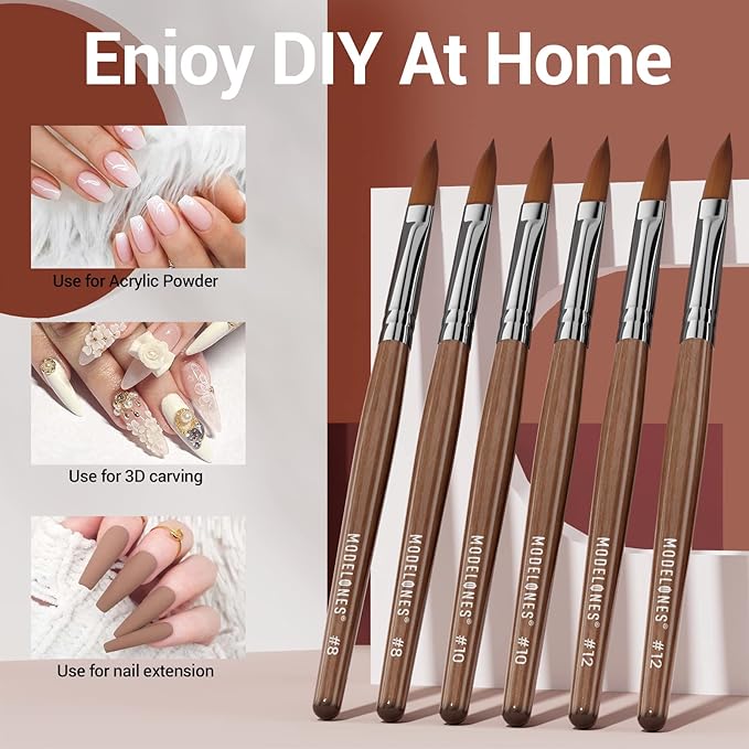 Modelones Kolinsky Acrylic Nail Brush Pure Kolinsky Hair Acrylic Red Wood Handle with Sturdy Alloy Tube Round Shaped Professional Nail Brushes Manicure Tool Salon DIY (Size 12#)