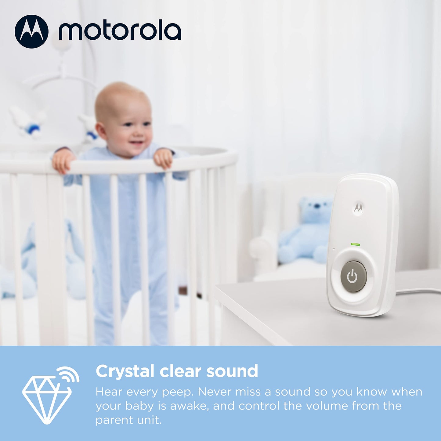 Motorola Nursery Baby Monitor Audio Only, No WiFi, Long Range AM21 with Private Connection, Cry Detection, Volume Control, Portable Parent Unit, Ideal for Safe Monitoring