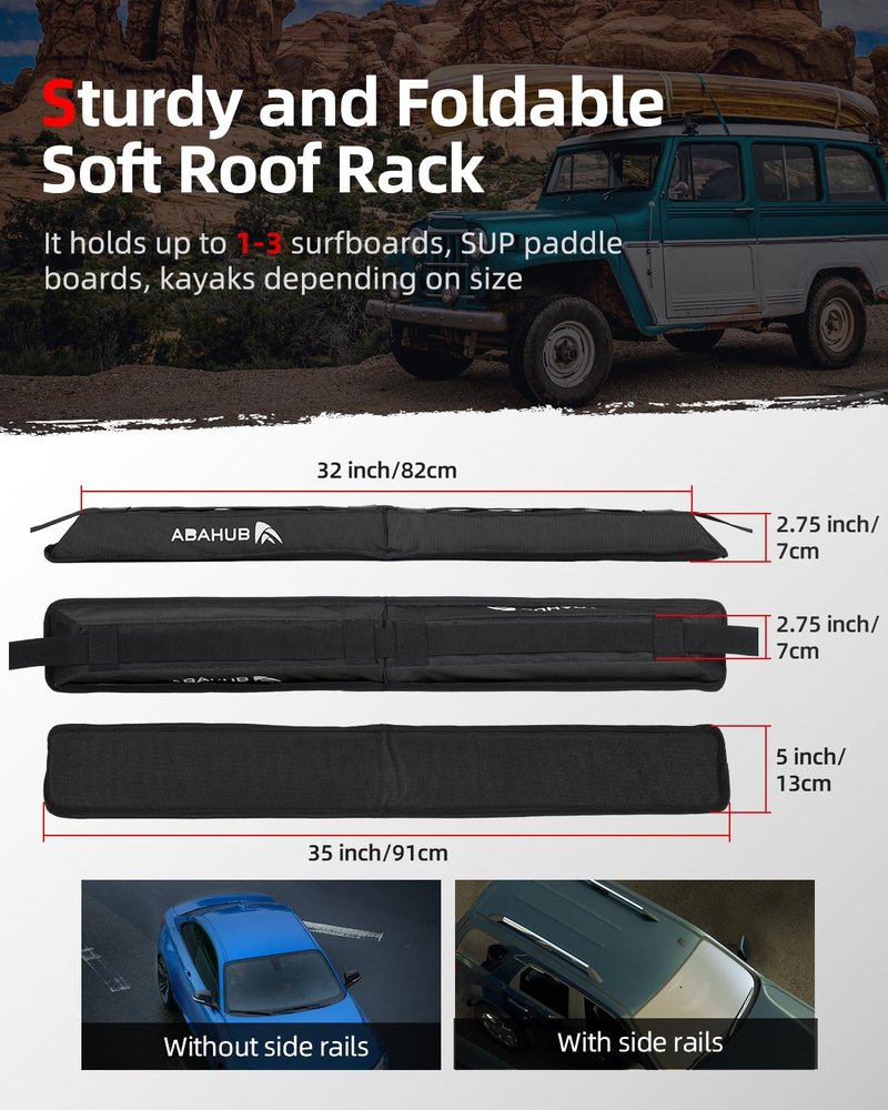 Abahub Soft Roof Rack Pads with 2 Tie Down Straps, 2 Tie Down Ropes, 2 Hood Loops and Storage Bag, for Surfboard, Kayak, Canoe, Heavy Duty Universal Car Roof Racks System Black 35 inch