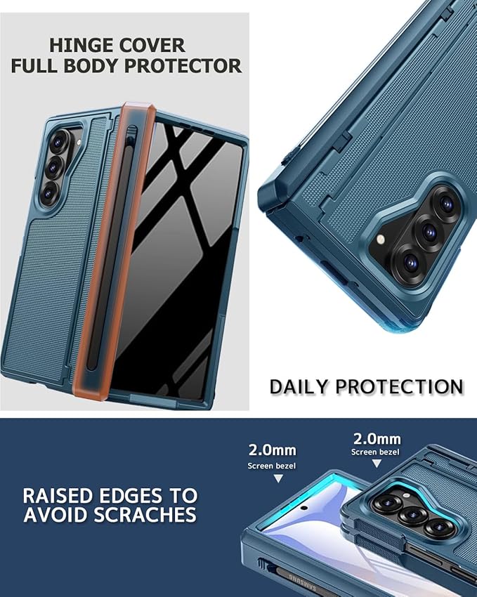 NINKI for Samsung Galaxy Z Fold 6 Case with S Pen Holder & Invisible Kickstand,Built in Privacy Screen Protector and Hinge,Shockproof Phone Cover for Samsung Z Fold 6 Case with Slim S Pen Slot – Blue
