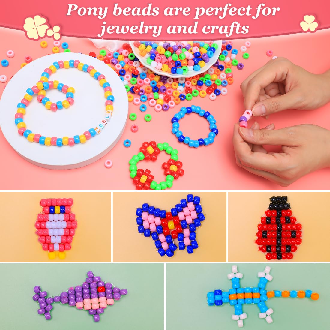 2.5 lb Wholesale Large Pony Beads (6x9 mm) Bucket, Easy Storage Glitter Beads Bulk, Over 4500 Pony Bead for Jewelry Making, Crafts (Glitter)